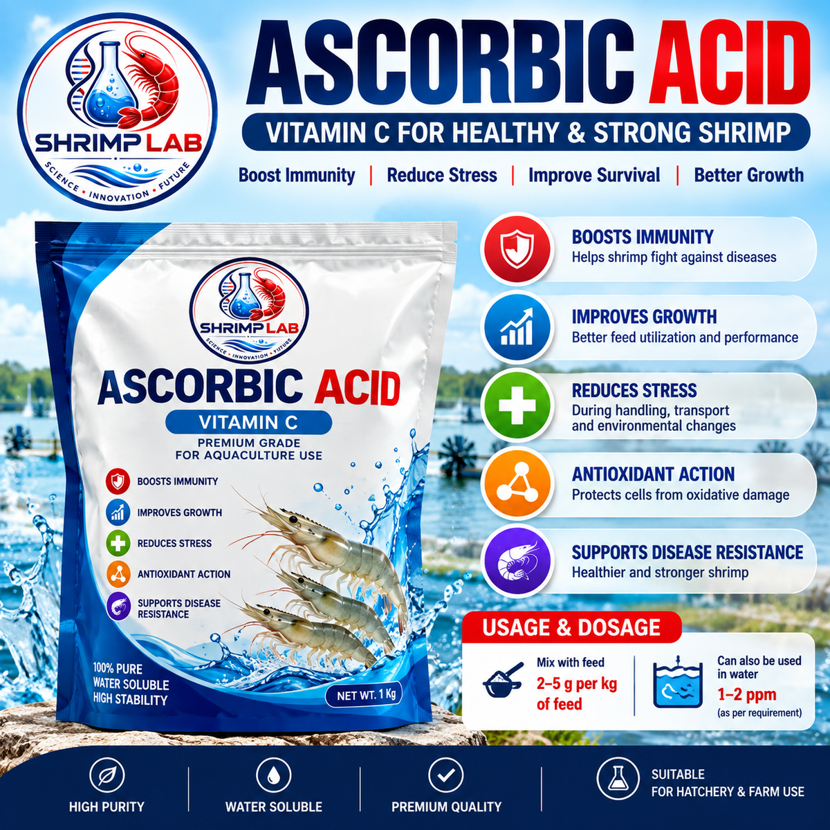Shrimp Lab Ascorbic Acid (Vitamin C) - Premium Grade Water-Soluble Vitamin C for Shrimp & Aquaculture - Feed & Water Supplement