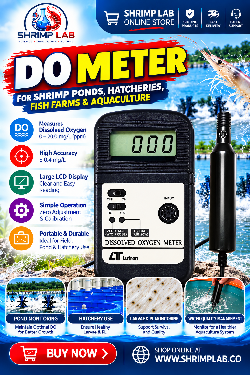 Dissolved Oxygen Meter | Portable Digital DO Meter with Probe | For Shrimp Farming, Hatcheries, Fish Farms & Aquaculture Water Quality Monitoring