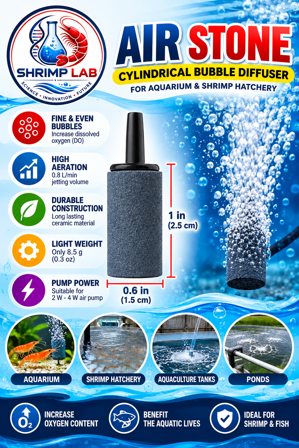 Air Stone 1 Inch | Cylindrical Bubble Diffuser