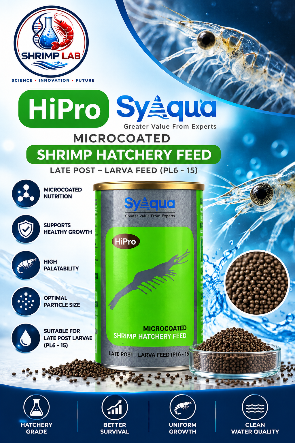 EPL HiPro SyAqua Microcoated Shrimp Hatchery Feed | Late Post-Larvae Feed PL6–15 | 1 Tin