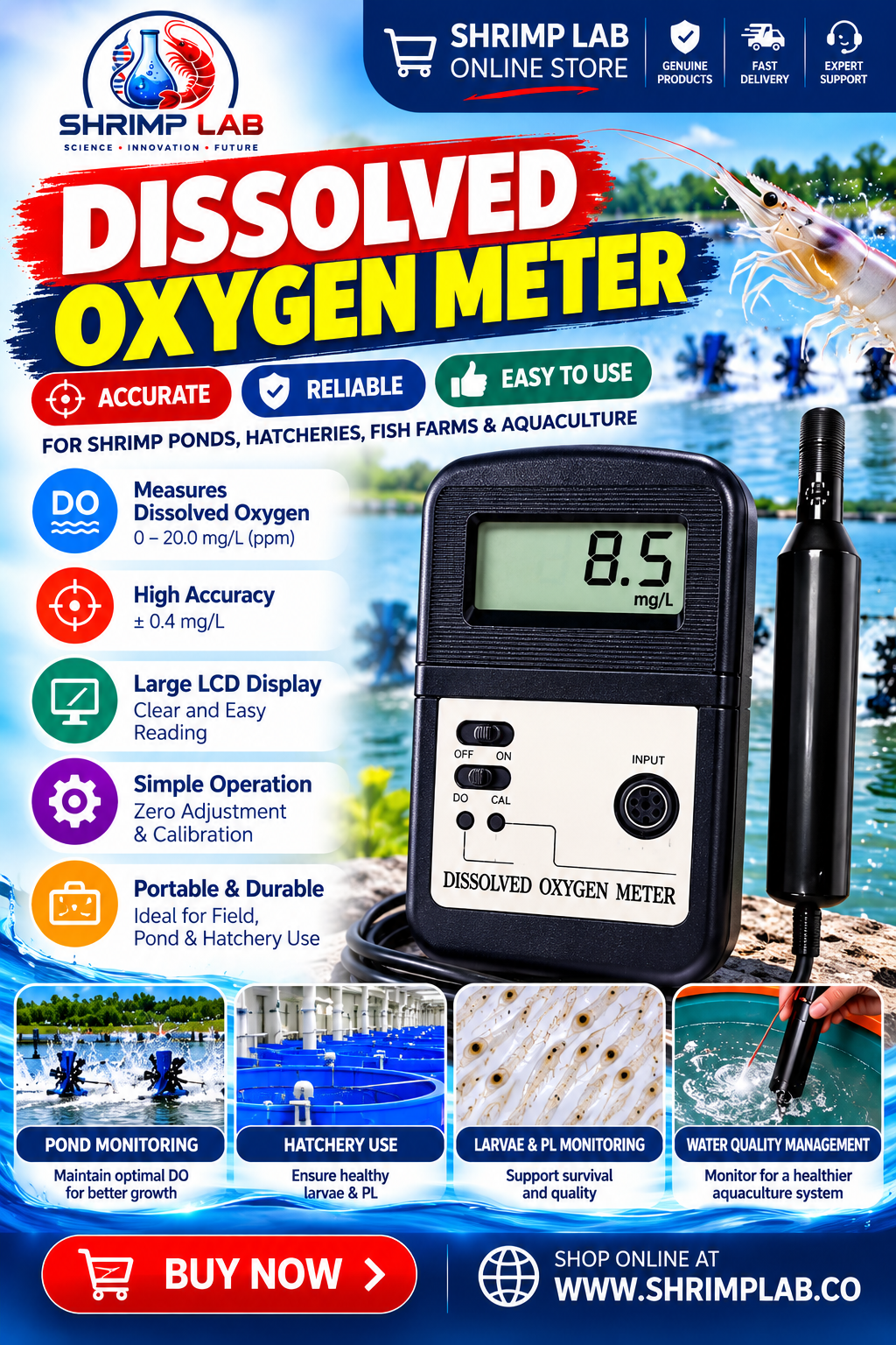 Dissolved Oxygen Meter | Portable Digital DO Meter with Probe | For Shrimp Farming, Hatcheries, Fish Farms & Aquaculture Water Quality Monitoring