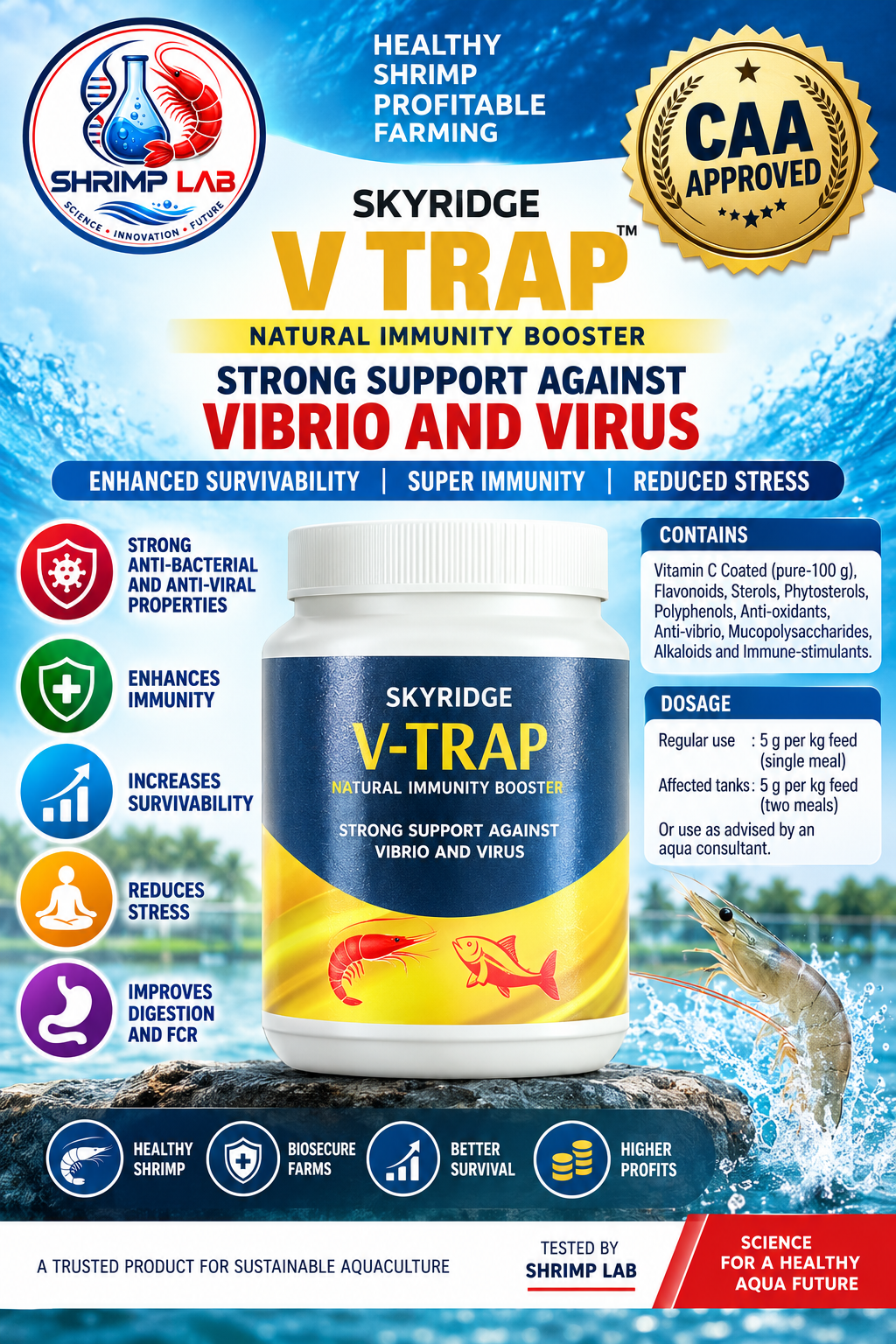 SKYRIDGE V-TRAP Shrimp Feed Supplement | Natural Immunity Booster | Supports Shrimp Health, Survival, Stress & Digestion | 5 g/kg Feed